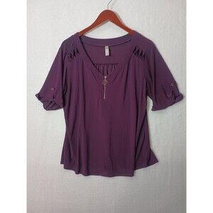 PerSeption Concept Blouse XL Purple Gold Button Accents Roll Tab Sleeve Top